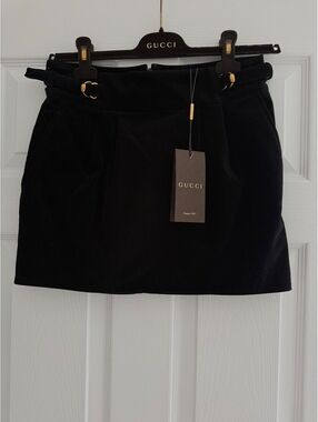 Vintage Gucci Black Velvet Mini Skirt Gold Horsebit Buckle EU 36
